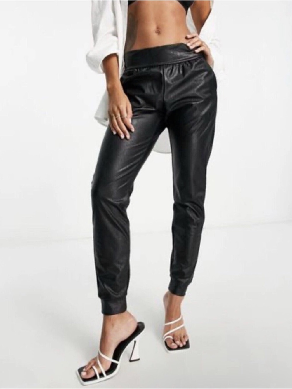 Commando Black Faux Leather Joggers Pull On High Rise Pants Medium Stretchy Work
